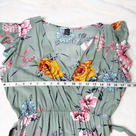 SHEIN Sage Green Floral Faux Wrap Ruffle Sleeve Summer Dress size Medium - Picture 7 of 12